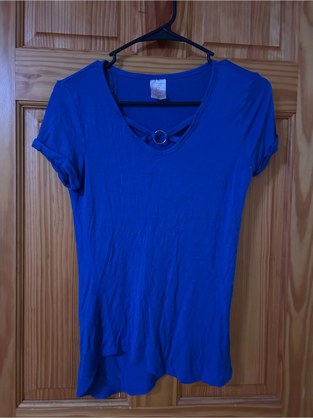 No Boundaries Royal Blue Short Sleeve V-Neck Top with Ring Accent